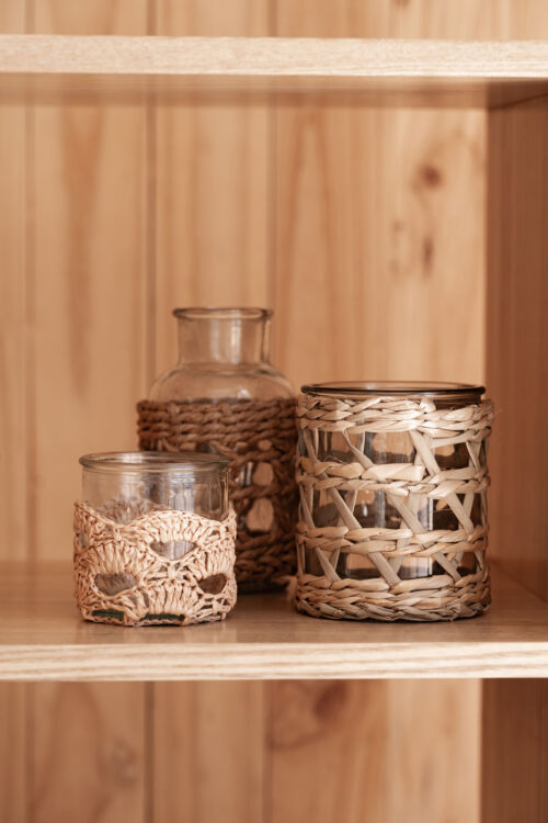 Glass and Rattan Vases 3pc