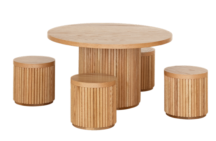 Oak Fluted Round Table & Stool Set
