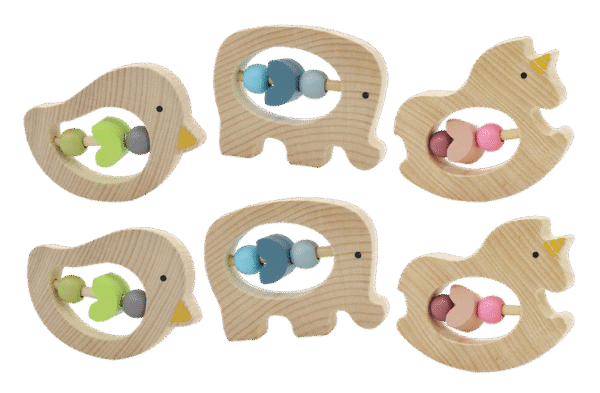 Wooden Animal Rattles 6pc