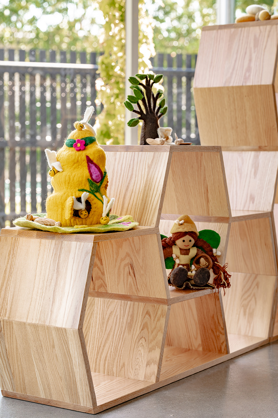 Oak Low Honeycomb Display Shelf | Preschool Equipment Australia