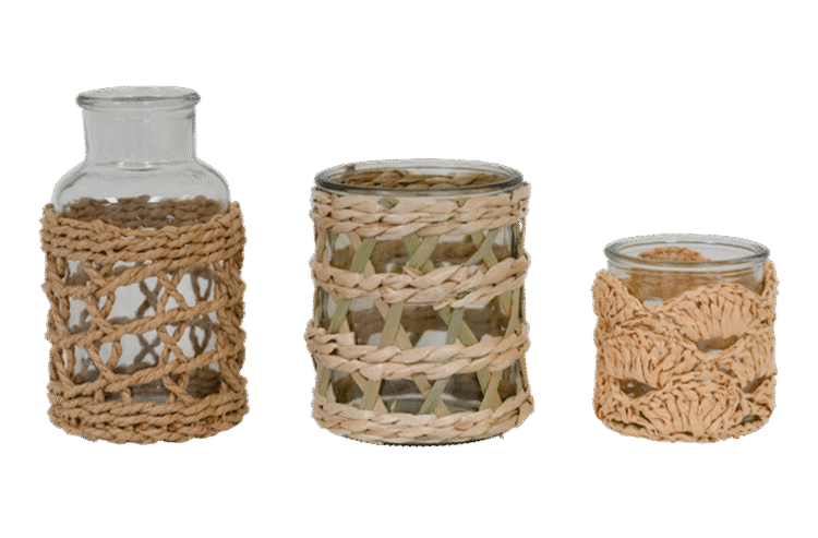 Glass and Rattan Vases 3pc