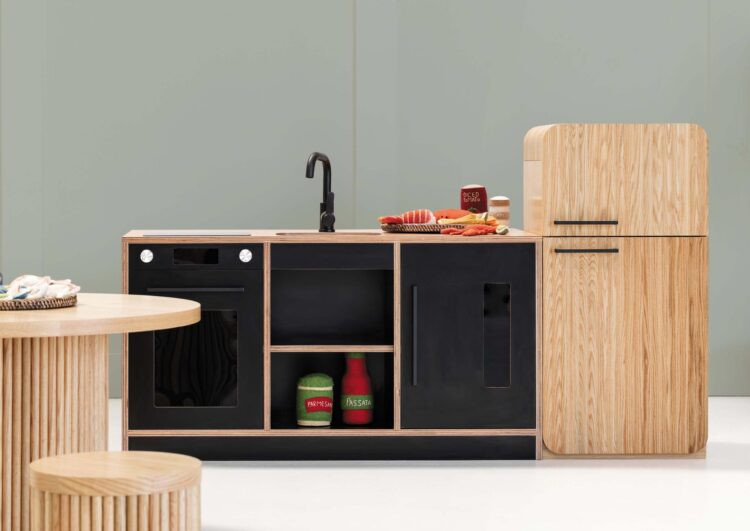 Black Kinder Kitchen with Sage Fluted Fridge